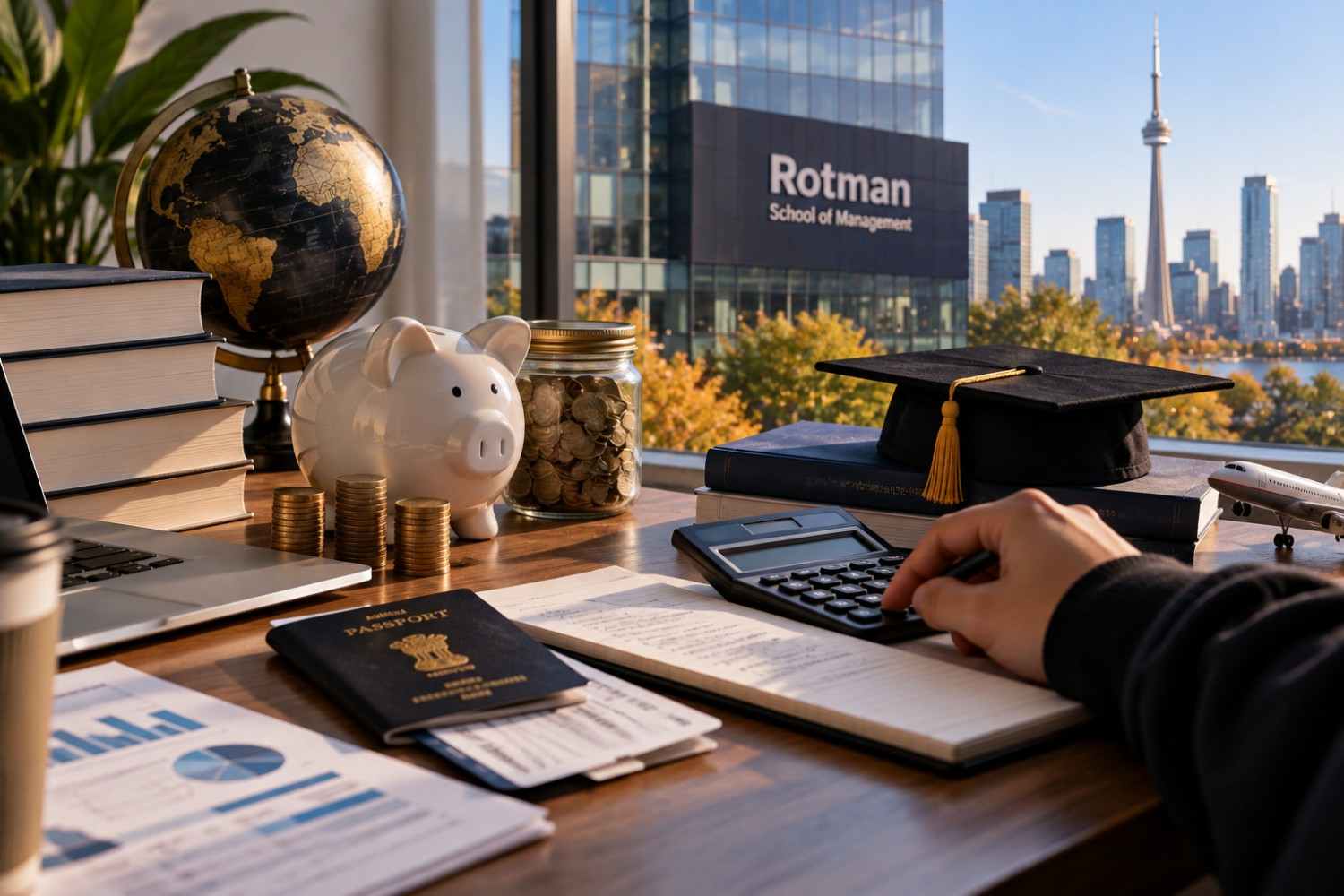 International student planning Rotman MBA finances with savings, a calculator, and financial documents, with the Toronto skyline in the background.